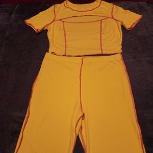 SY Fashions Women's 2 Piece Yellow And Pink Tights Set Size Large. Stretch.NWOT